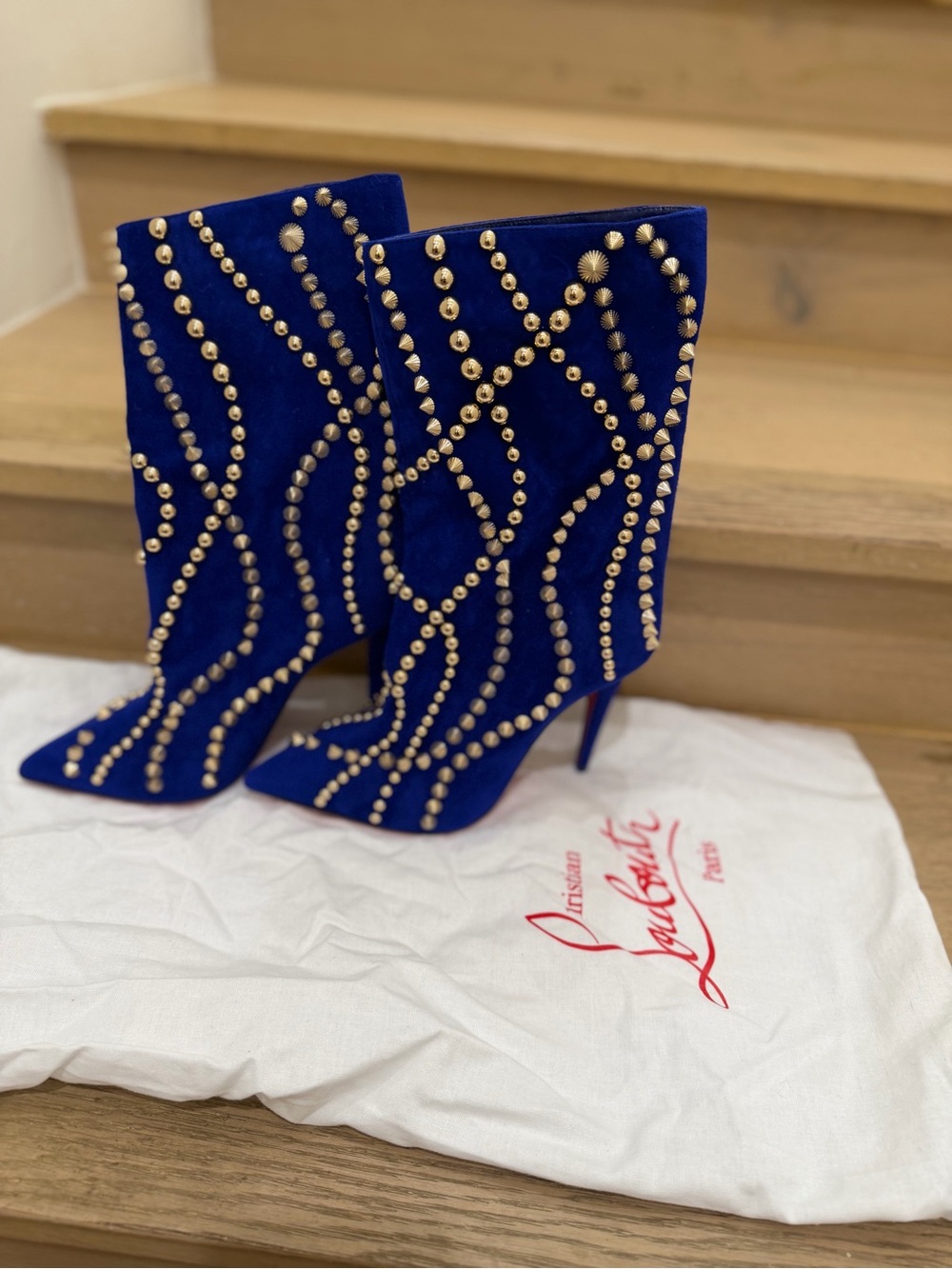 Christian Louboutin Cobalt Blue Studded Suede Mid-Calf Boots